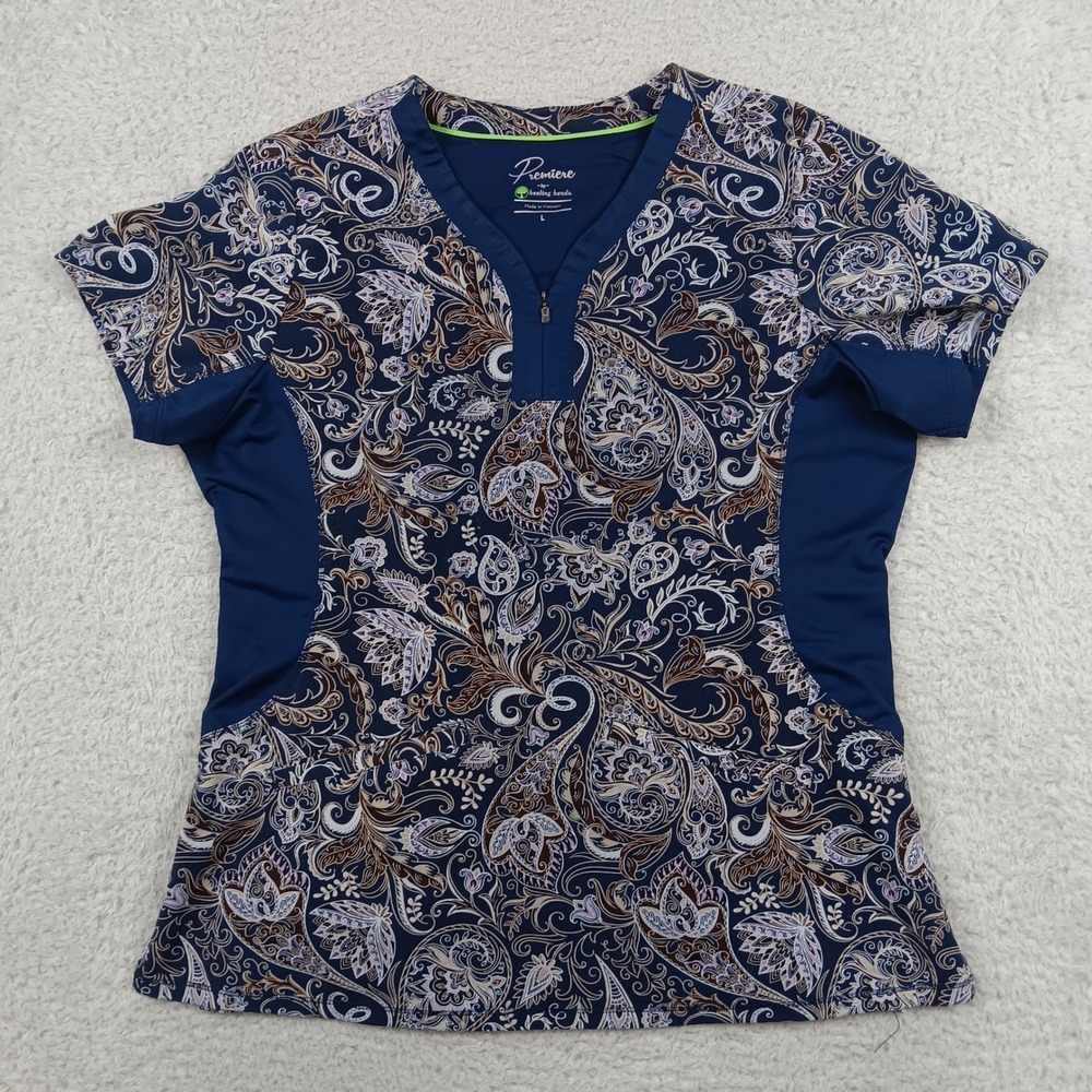 Healing Hands Scrub Top Premiere Women L Navy Paisley Zip V-Neck 2270